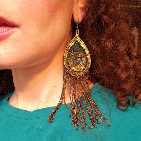 Beaded, Sequined, Silk and Brass Dangling Earrings from Paris - Picture 1 of 6